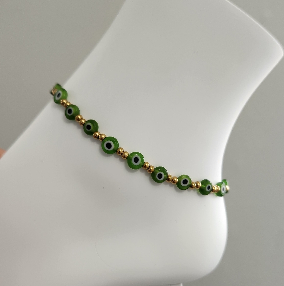 Resin Beaded Stainless Steel Gold And Green Evil Eye Anklet Bracelet Summer Vibe